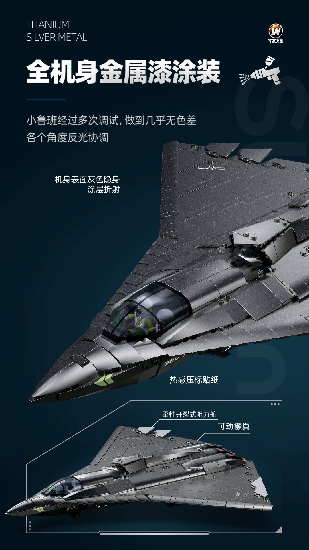 SLUBAN M38-B1525 J-36S Sixth-Generation Stealth Fighter Metallic Paint Version - YWOBB
