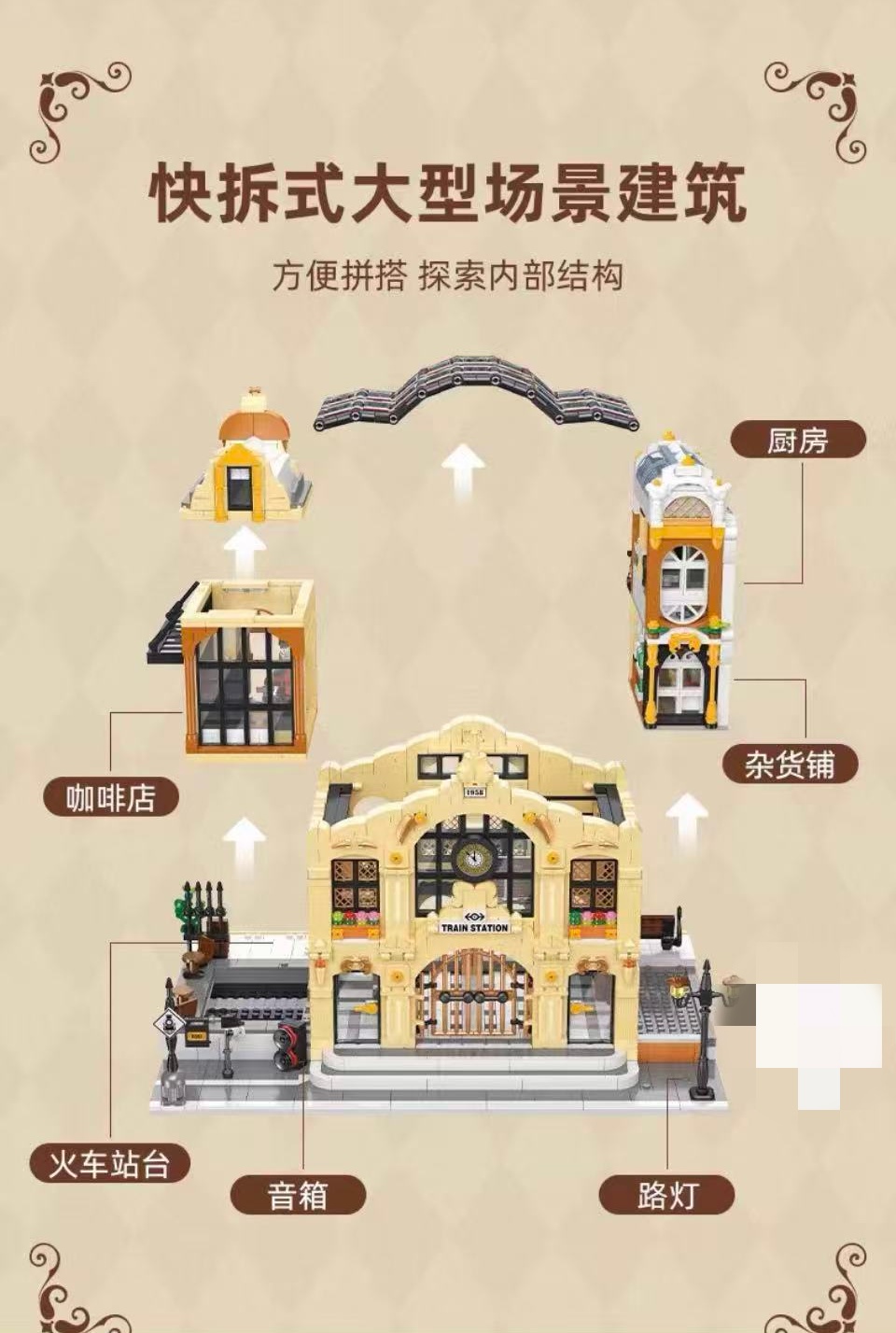 JIE STAR JJ89140 Vintage Steam Railway Station Includie Lights - YWOBB