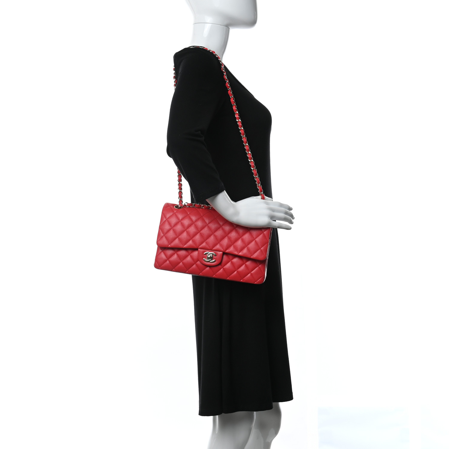 Caviar Quilted Medium Double Flap Red Silver Accessories