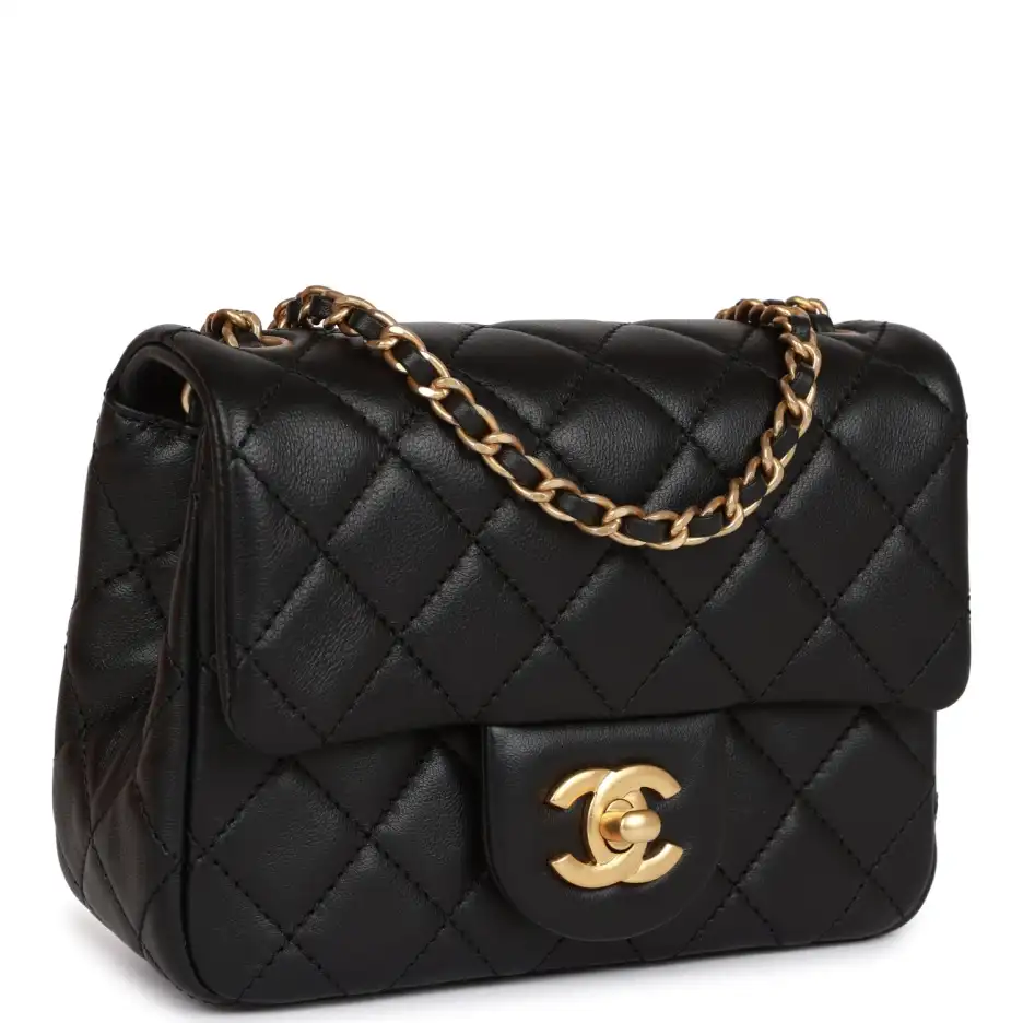 CC Pearl Crush Mini Square Flap Bag Black Lambskin Antique Gold Hardware