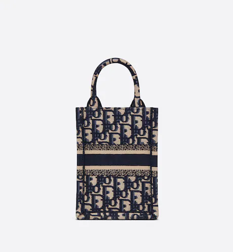 MINI DIOR BOOK TOTE PHONE BAG Blue Dior Oblique Embroidery (13 x 18 x 5 cm)