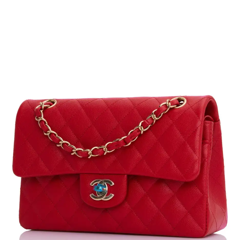 Chanel Medium Classic Double Flap Red Caviar Light Gold Hardware