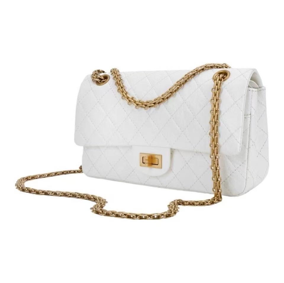 2.55 Handbag  Medium  Aged Calfskin  Gold-Tone Metal  White