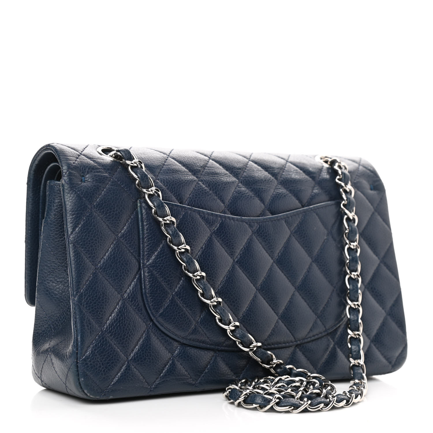 Chanel Medium Classic Double Petal Navy Blue Lambskin Silver Accessories