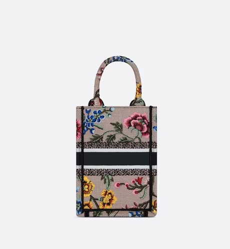 MINI DIOR BOOK TOTE PHONE BAG Pink Multicolor Dior Petites Fleurs Embroidery (13 x 18 x 5 cm)