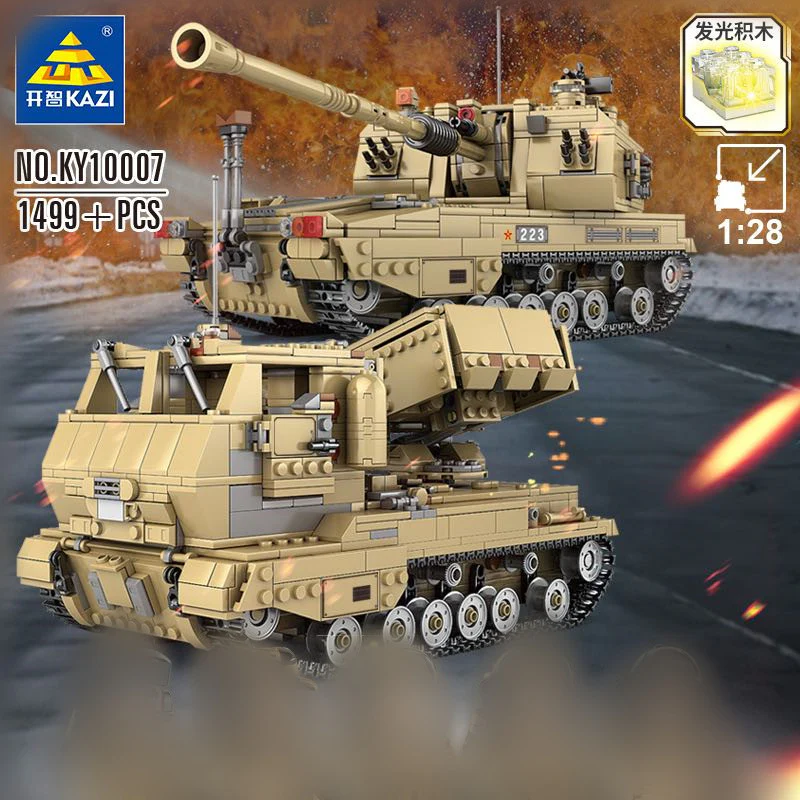 KAZI KY10007 1:28 Type 05A Self-propelled Howitzer and PHZ10 Self-propelled Rocket Launcher Tank 2 Models in 1 - YWOBB