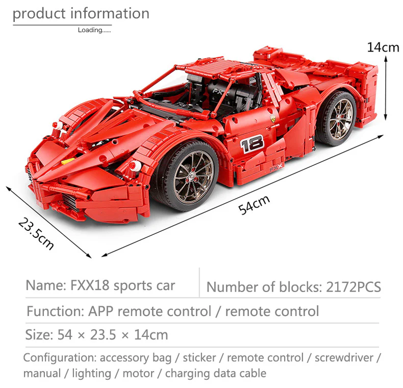 Mould King 13085 RC 1:8 FXX Sport Racing Car with LED light kits - YWOBB