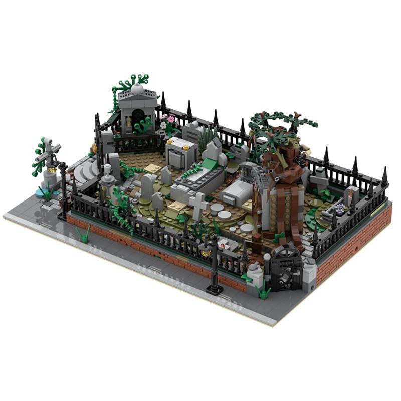 GOBRICKS MOC A1937 Modular Graveyard MOC and Hidden Side 70420 set stand - YWOBB