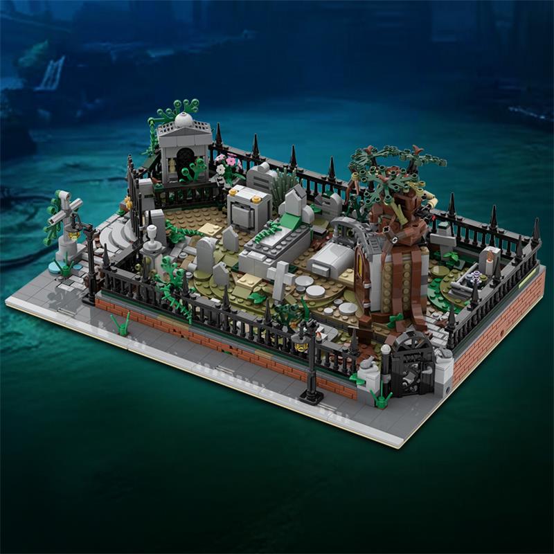 GOBRICKS MOC A1937 Modular Graveyard MOC and Hidden Side 70420 set stand - YWOBB