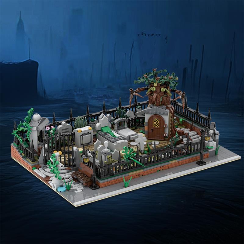 GOBRICKS MOC A1937 Modular Graveyard MOC and Hidden Side 70420 set stand - YWOBB