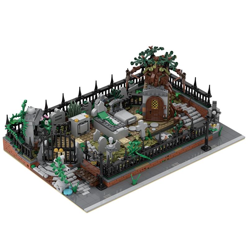 GOBRICKS MOC A1937 Modular Graveyard MOC and Hidden Side 70420 set stand - YWOBB