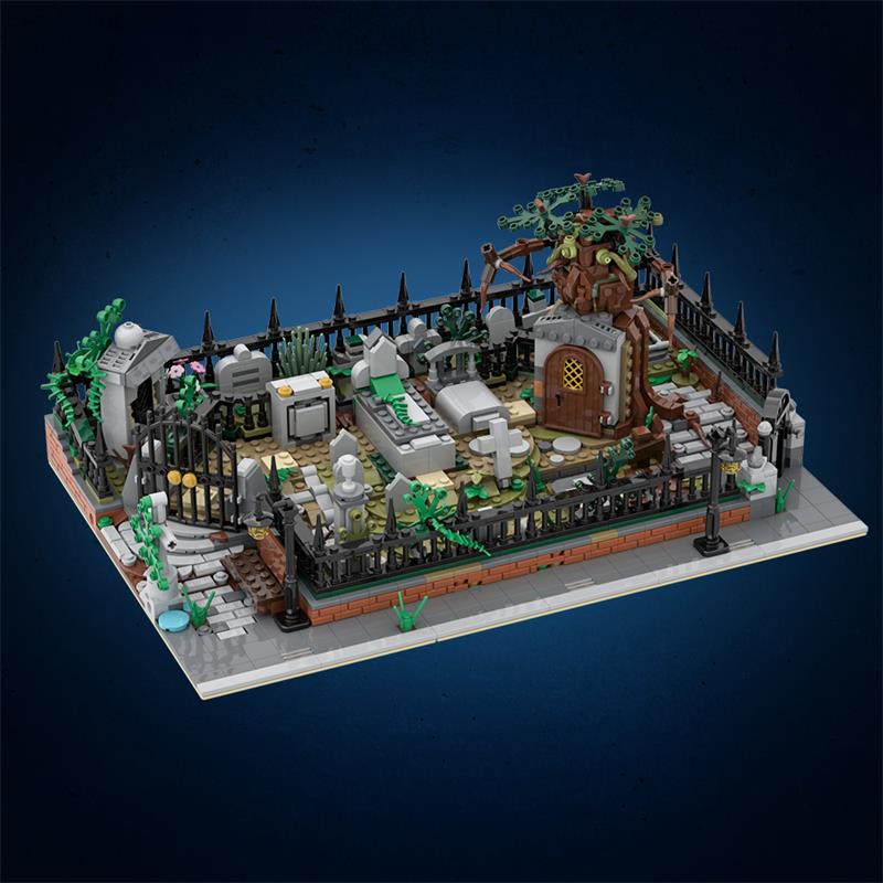 GOBRICKS MOC A1937 Modular Graveyard MOC and Hidden Side 70420 set stand - YWOBB