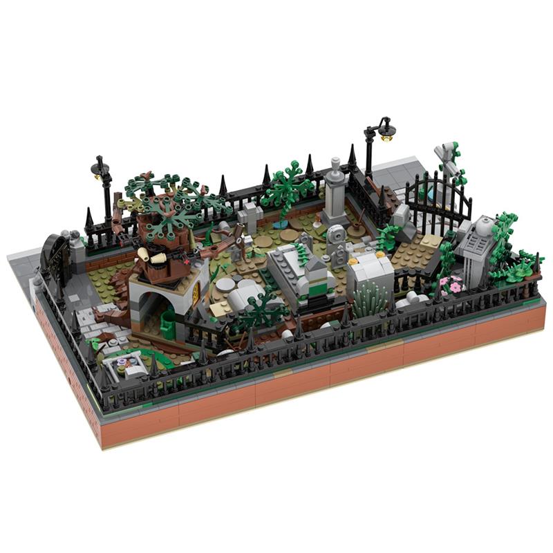 GOBRICKS MOC A1937 Modular Graveyard MOC and Hidden Side 70420 set stand - YWOBB