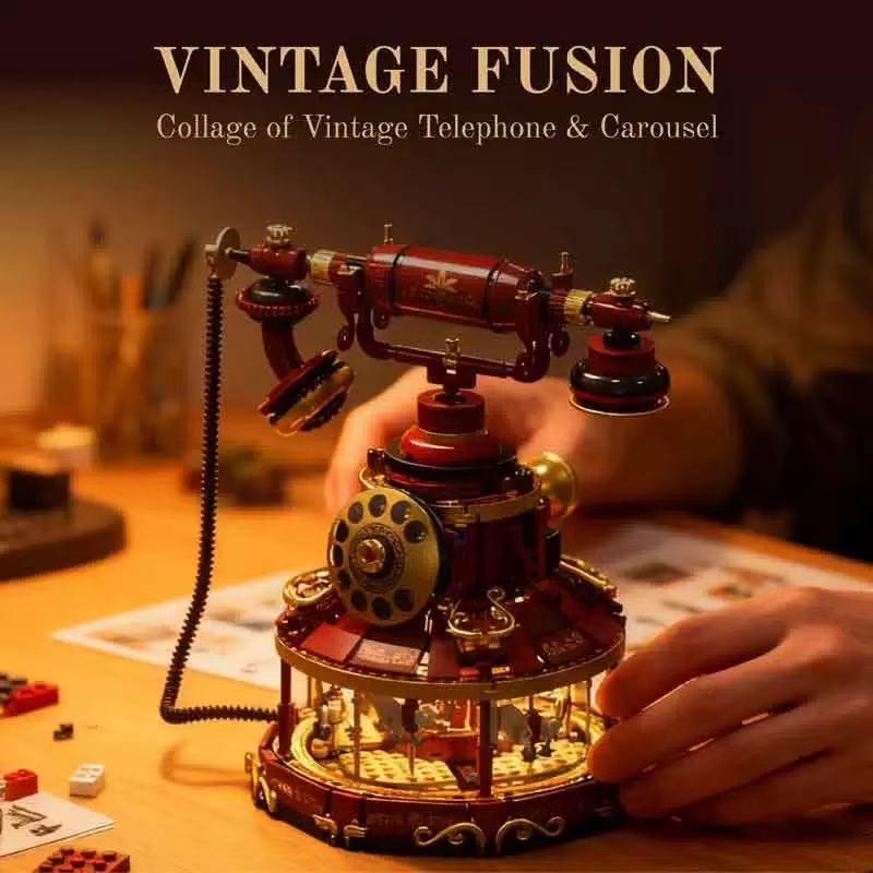 HUIYOYOYI H1014 Vintage Fusion Collage of Vintage Telephone & Carousel - YWOBB