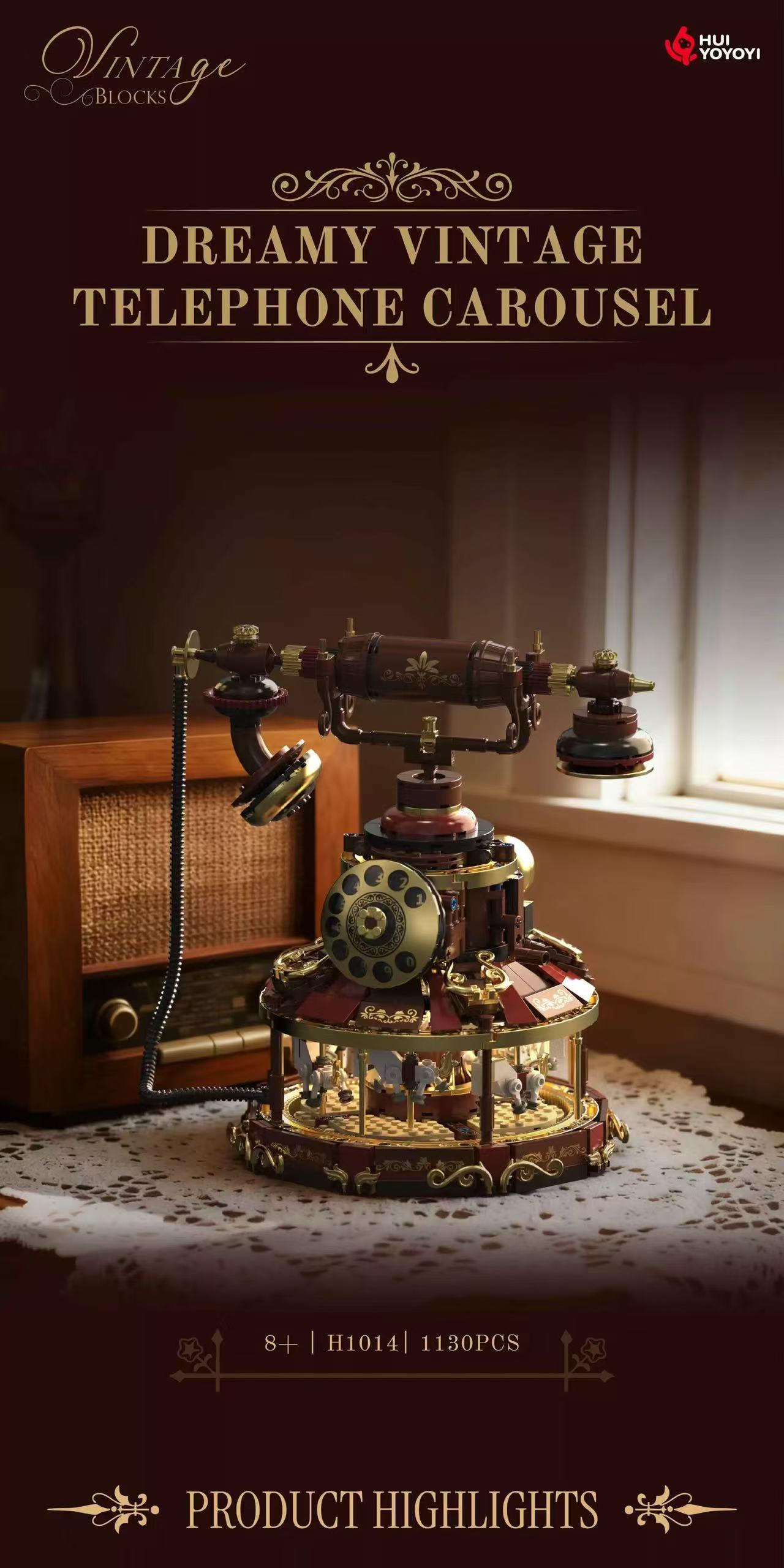 HUIYOYOYI H1014 Vintage Fusion Collage of Vintage Telephone & Carousel - YWOBB