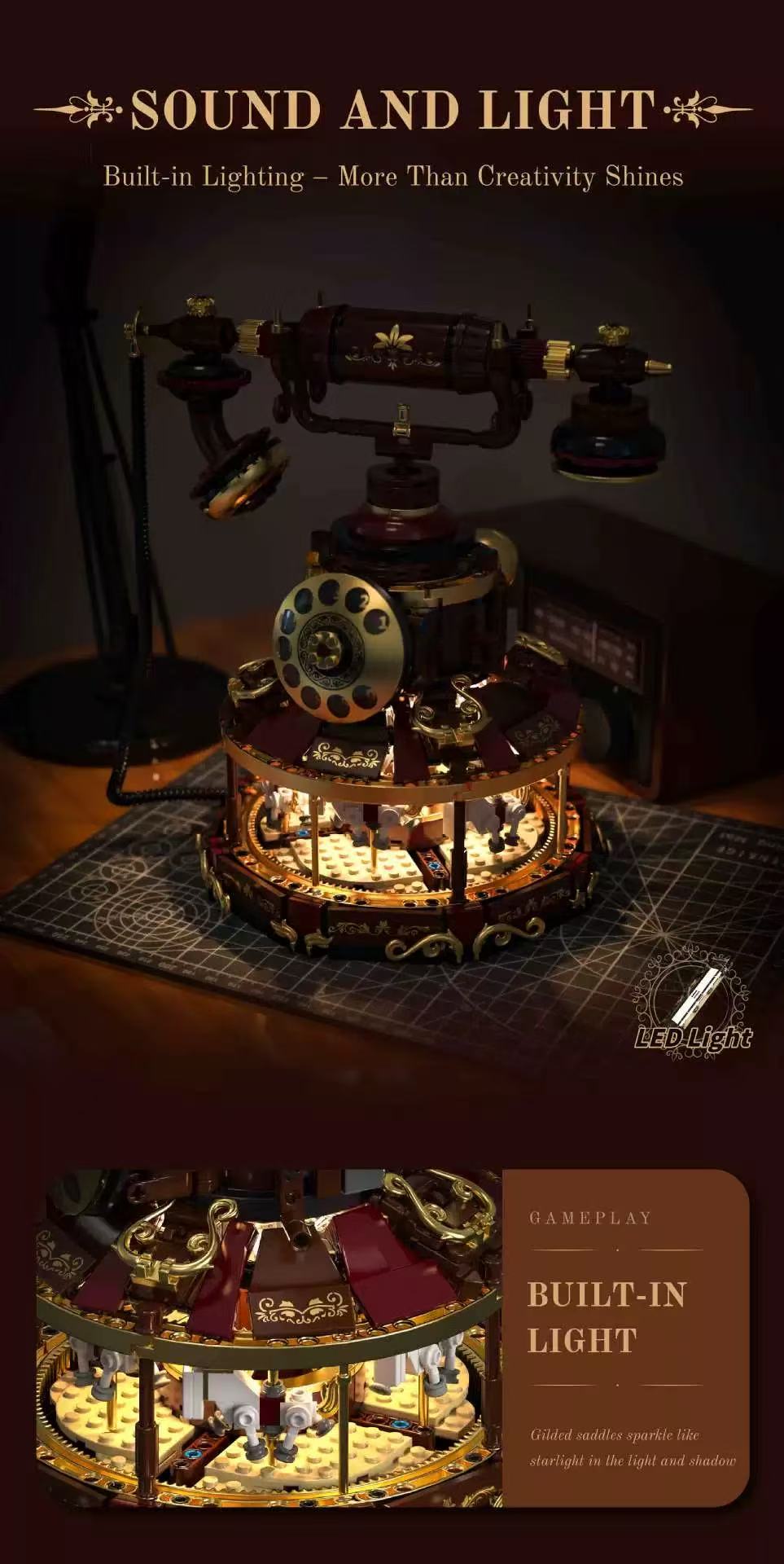 HUIYOYOYI H1014 Vintage Fusion Collage of Vintage Telephone & Carousel - YWOBB