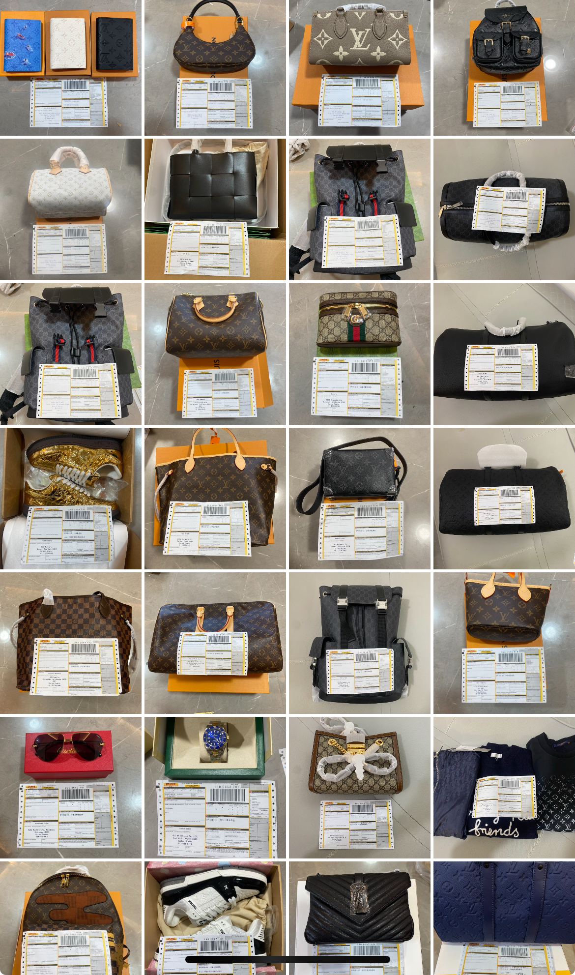 Luxury goods, including shoes, bags, watches, clothing, and more.